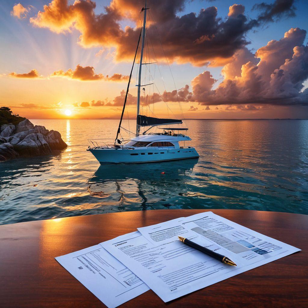 A serene coastal scene featuring a picturesque yacht sailing gently on crystal-clear waters, surrounded by vibrant marine life. Include a thoughtful maritime professional reviewing insurance documents on the yacht, silhouetted against a stunning sunset. The background should depict a mix of stormy skies and sunny patches, symbolizing the risks and rewards of yacht ownership. Incorporate elements of luxury and adventure to entice viewers. super-realistic. vibrant colors. 3D.